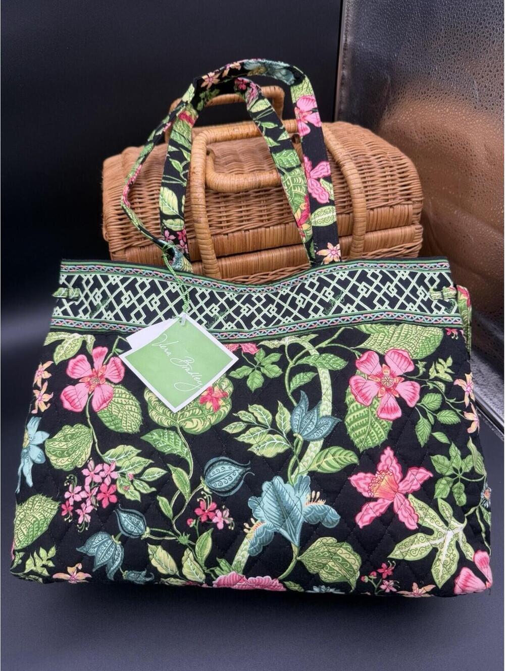 ✿ Vera Bradley Quilted Tote Bag Black Green Pink Floral Print Shoulder Handbag